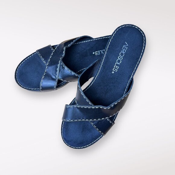 Aerosoles Leather Sandals Black Open Toe Slip On Size 6.5 - Picture 2 of 10